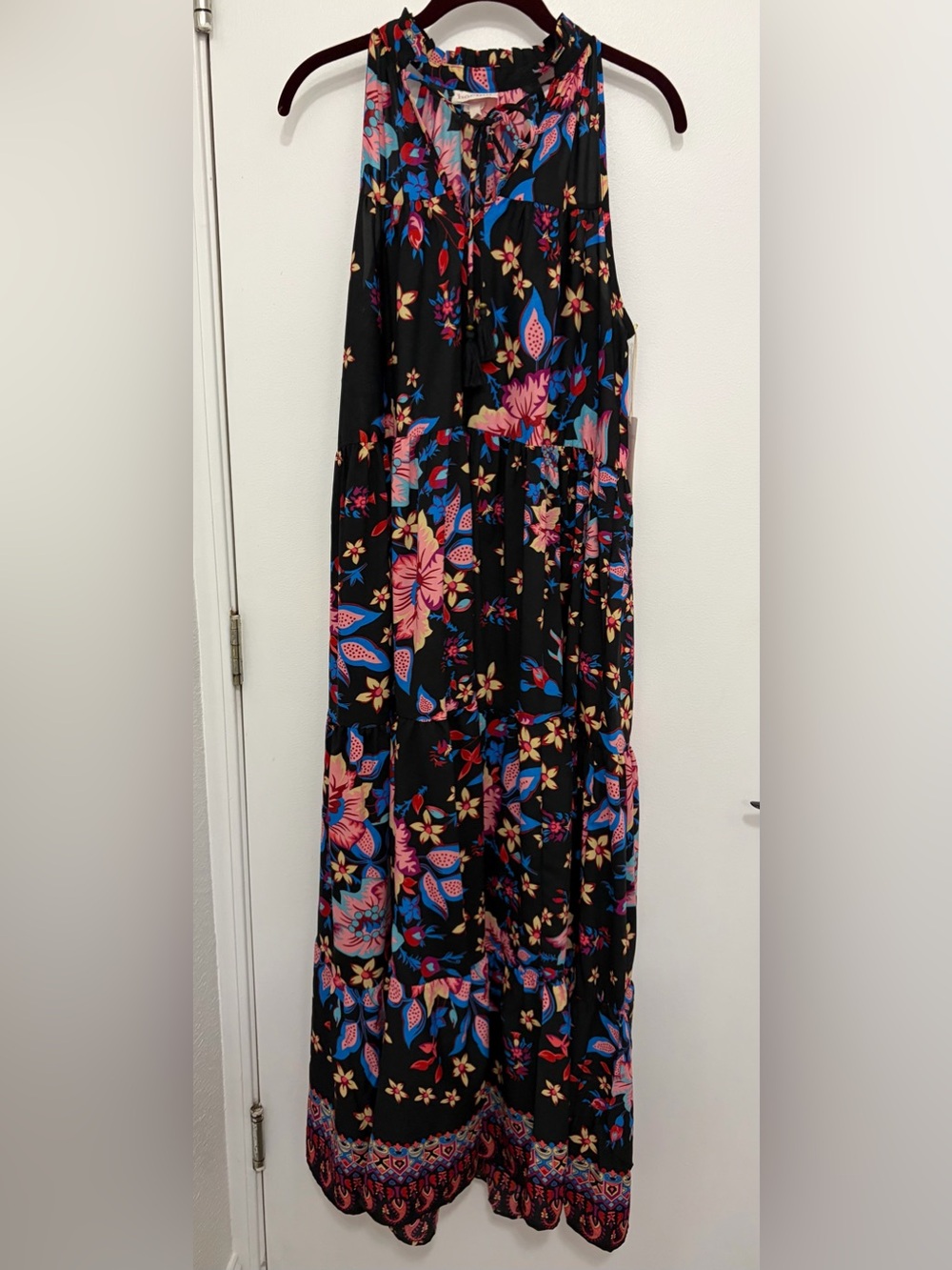 Sleeveless Floral Maxi Dress in Black with Pink & Blue